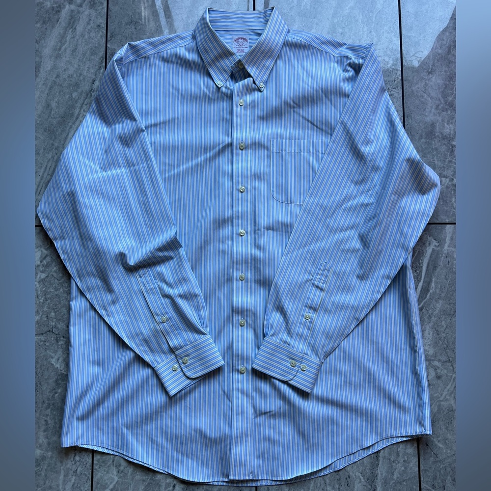 Brooks Brothers 346 Mens Yellow/Blue Stripe LongSleeve ButtonUp Shirt 17.5-6/7
